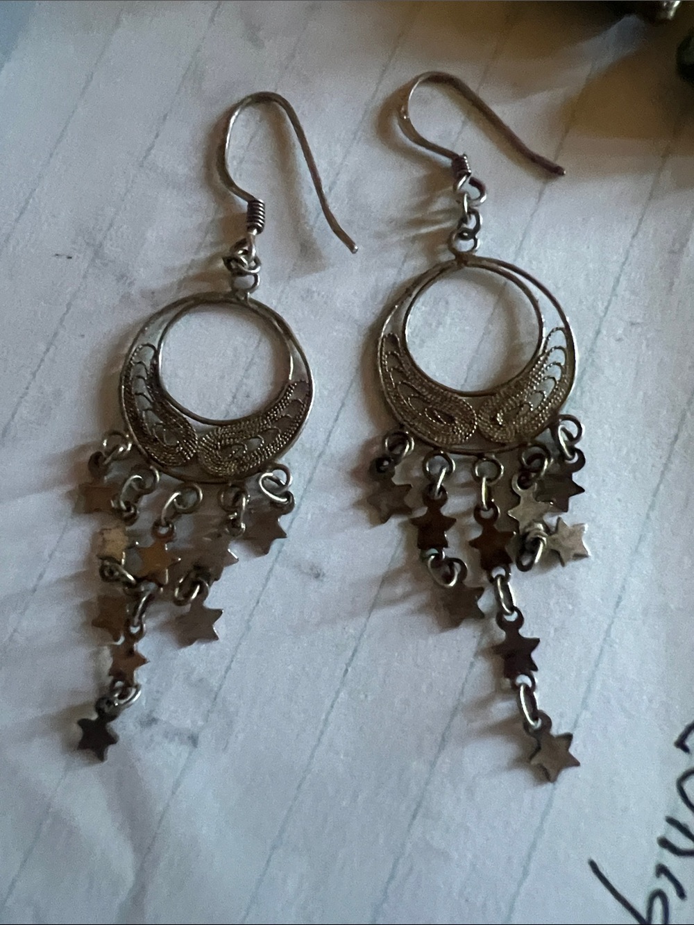 Vintage Sterling 925 delicate Star Dangle Hoop Earrings - Silver
